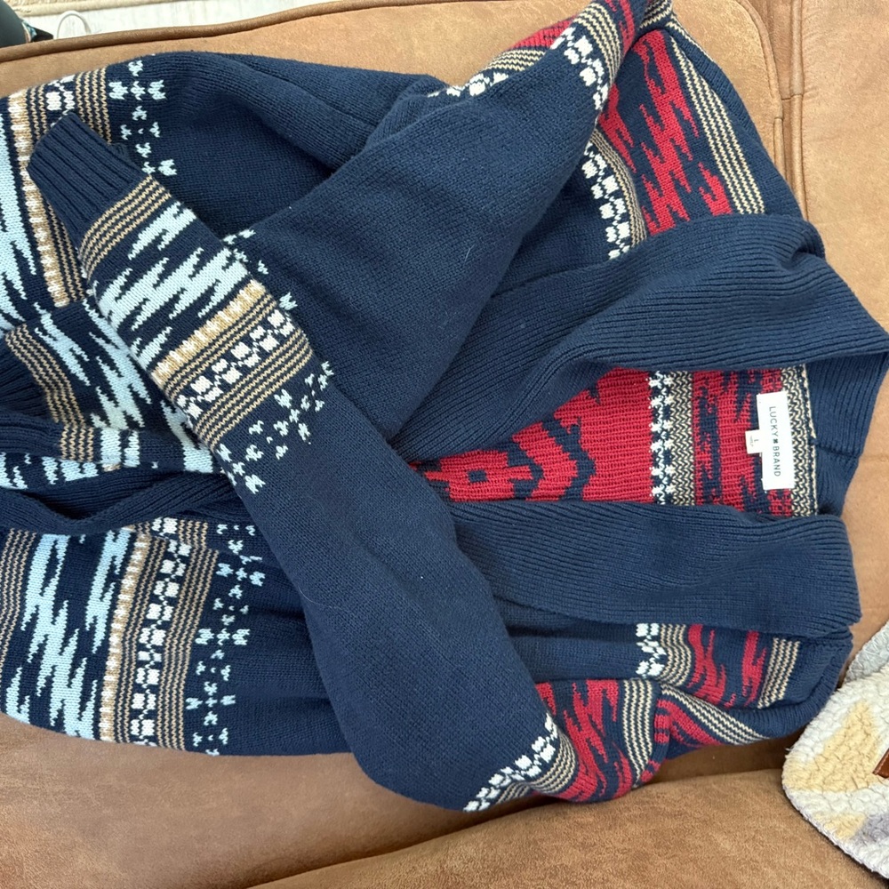 Lucky Brand Navy and Red Cardigan Sweater. Like new